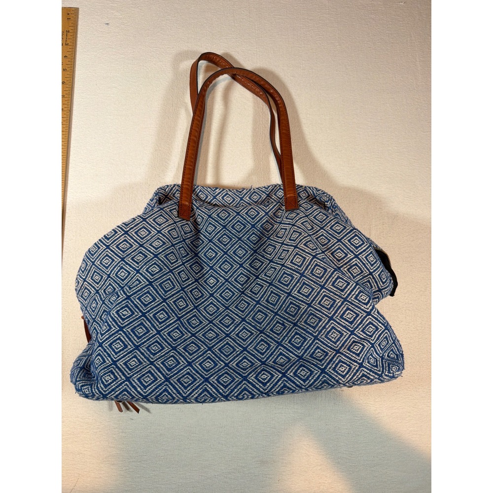 Blue White Geometric Diamond Weave Tote Bag Brown Faux Leather Straps Boho Large